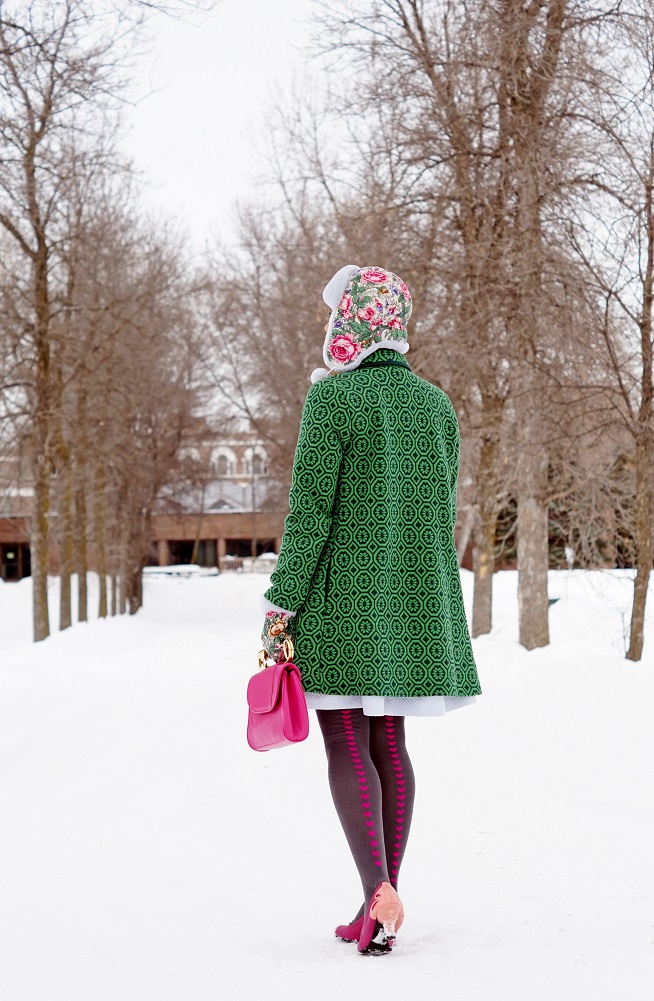 Winnipeg Style, Puffin Hats Toronto Basic mouton fur Russian pavlopossadsky wool shawl scarf, mittens vintage rose print pattern, Tabbisocks thigh high heart back socks, Isaac Mizrahi Live green coat jacket, RW & co Elle collection ice blue dress, Bodhi safety pin clutch bag pink leather, Fluevog Eleanor shoes